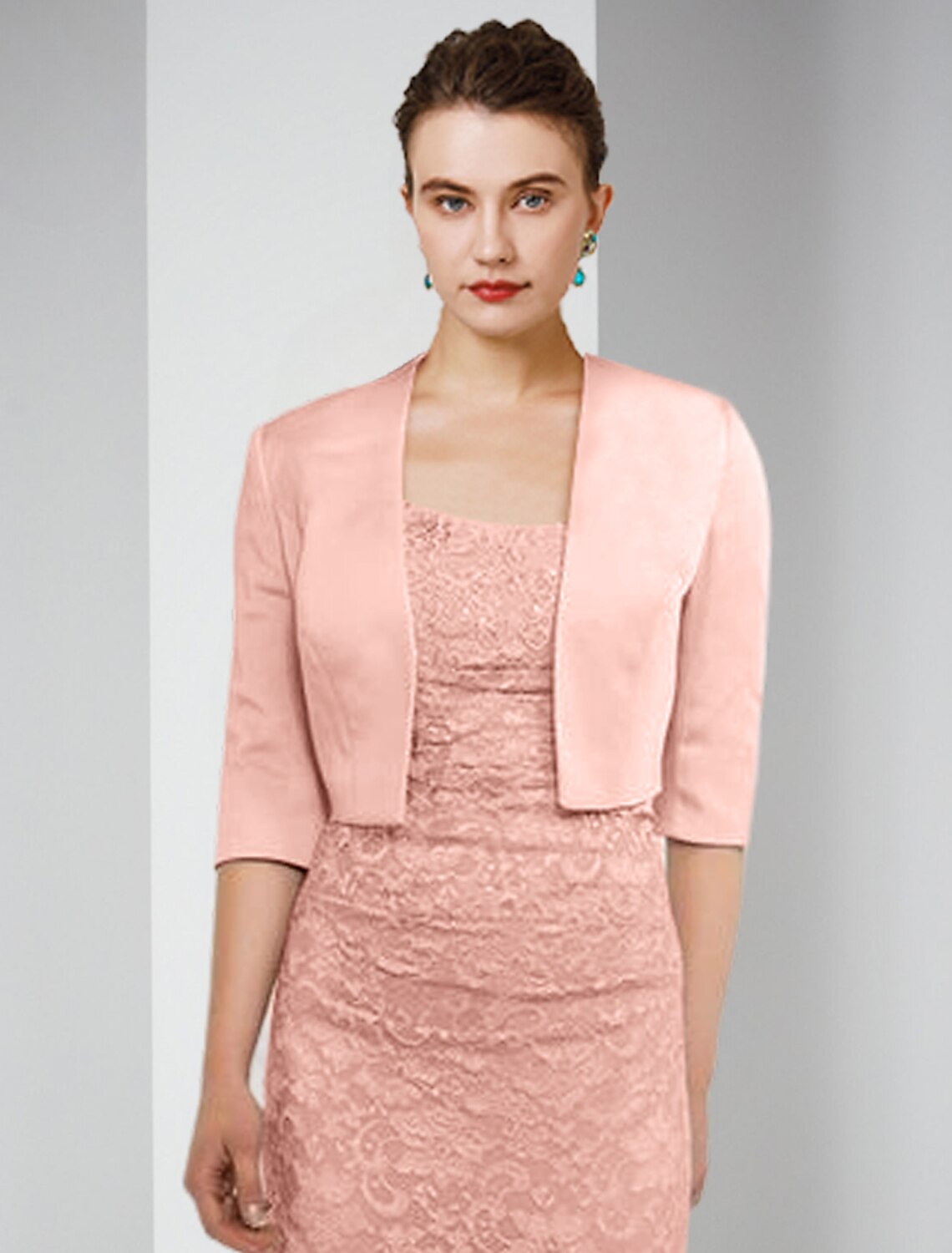 Luolandi Two Piece Sheath / Column Mother of the Bride Dress Formal Wedding Guest Elegant Winter With Jacket Half Sleeve Square Neck Floor Length Satin Lace