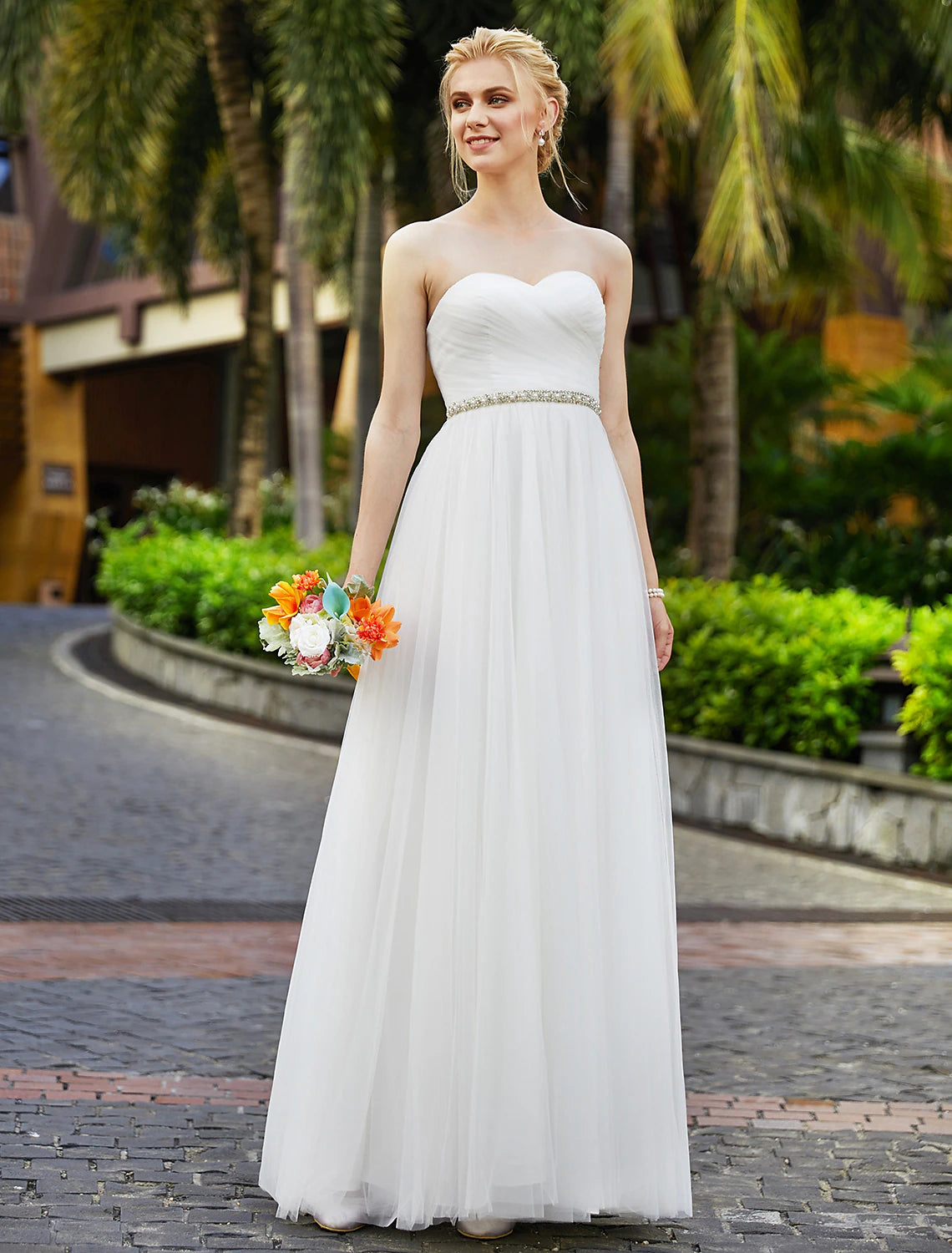 Luolandi Reception Wedding Dresses Princess Sweetheart Strapless Floor Length Chiffon Bridal Gowns With Sashes Beading