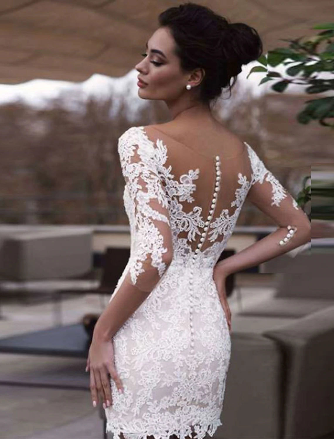 Luolandi Reception Little Dresses Wedding Dresses Sheath / Column Illusion Neck Half Sleeve Short / Mini Lace Bridal Gowns