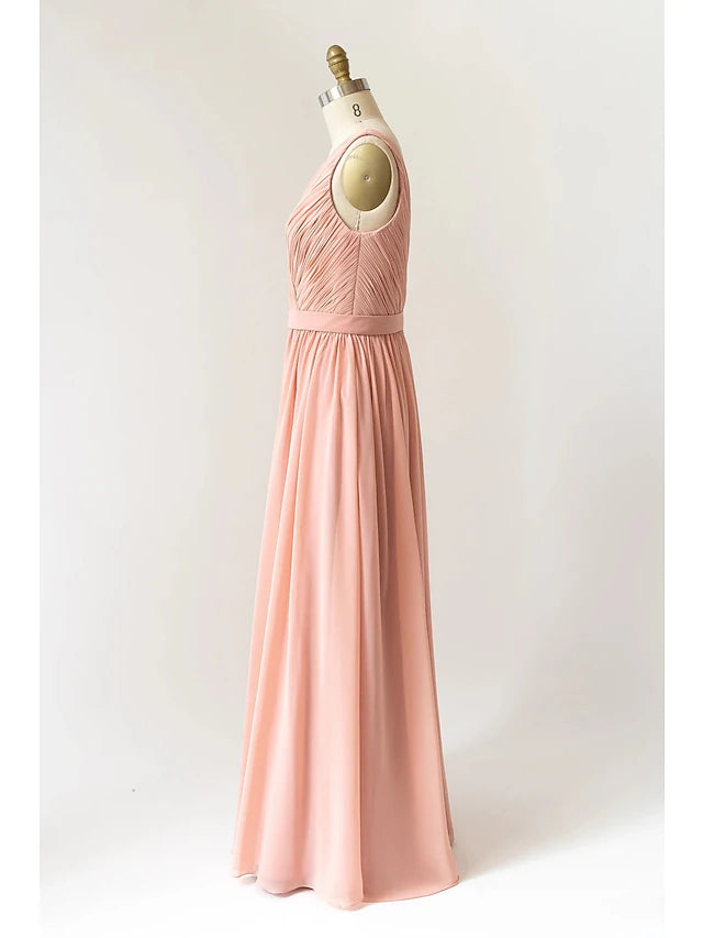 Luolandi A-Line Bridesmaid Dress V Neck Sleeveless Open Back Floor Length Chiffon with Pleats Pure Color
