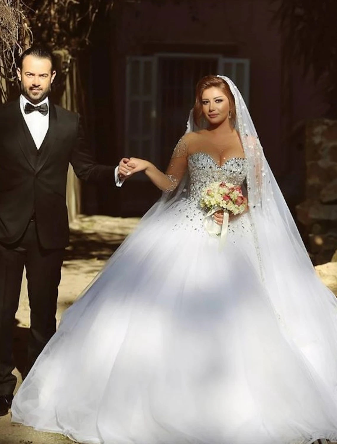 Luolandi Engagement Sparkle & Shine Formal Wedding Dresses Ball Gown Sweetheart Strapless Court Train Satin Bridal Gowns With Crystals