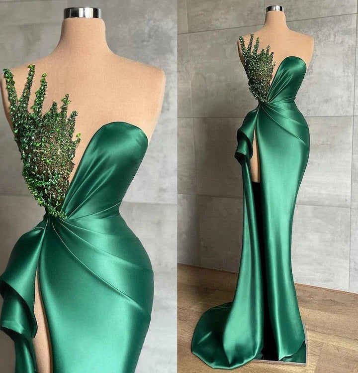 Luolandi Mermaid Asymmetrical High Split Beaded Floor Length Sleeveless Prom Dress Sexy Evening Dress