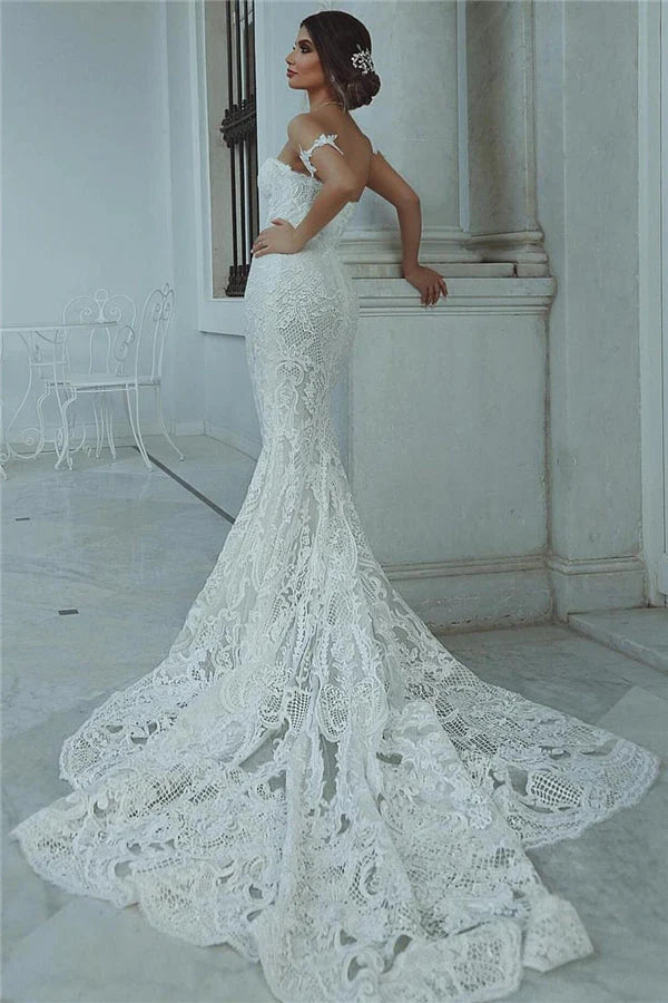 Luolandi Mermaid Wedding Dress Sweetheart Tulle Lace Appliques Bridal Dress Off Shoulder Elegant