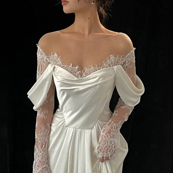 Luolandi Mermaid Off-the-Shoulder Satin Lace Wedding Dress Beautiful