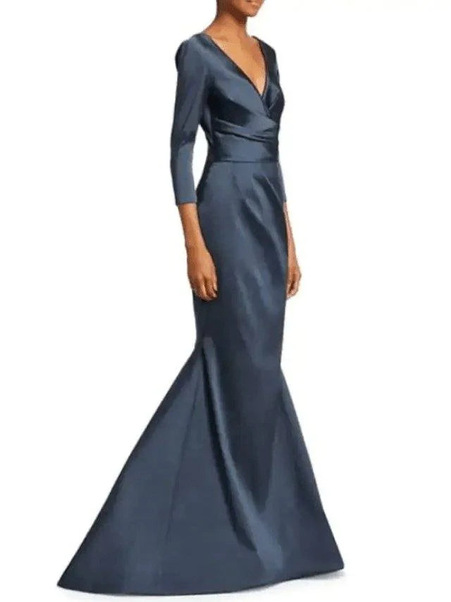 Luolandi Elegant Mermaid / Trumpet Mother of the Bride Dress V-neck 3/4 Length Sleeve Wedding Guest Dress with Ruching