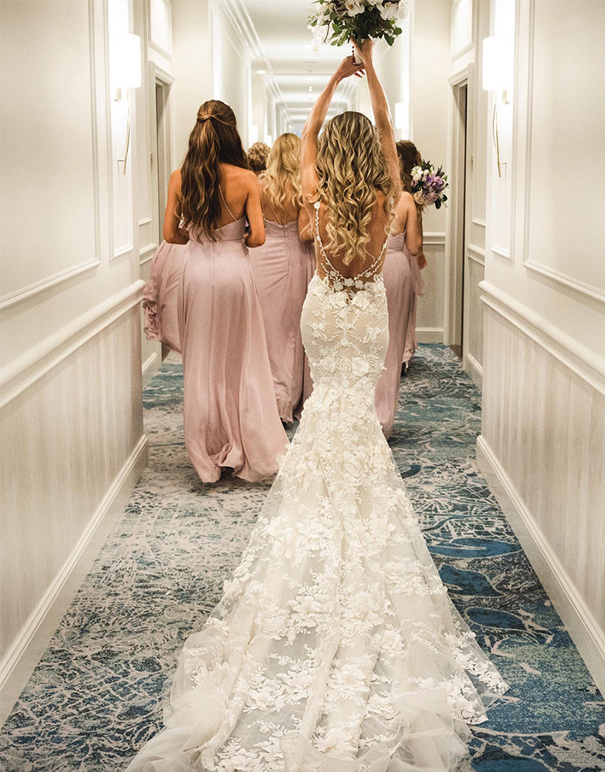 Luolandi 3D Flowers Mermaid Wedding Dresses V-neck Open Back Beautiful