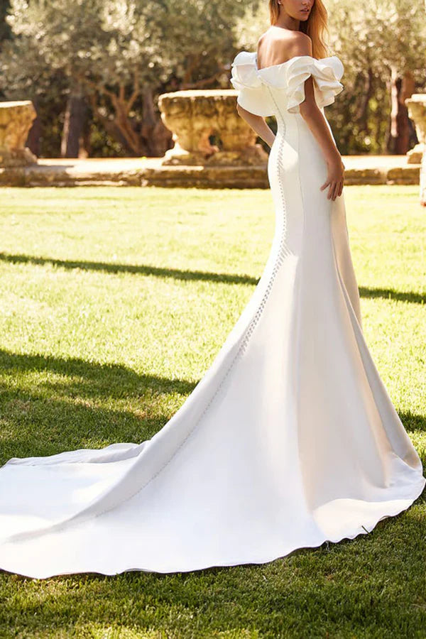 Luolandi Unique off shoulder ruffled satin fishtail wedding dress paired with court train Sexy
