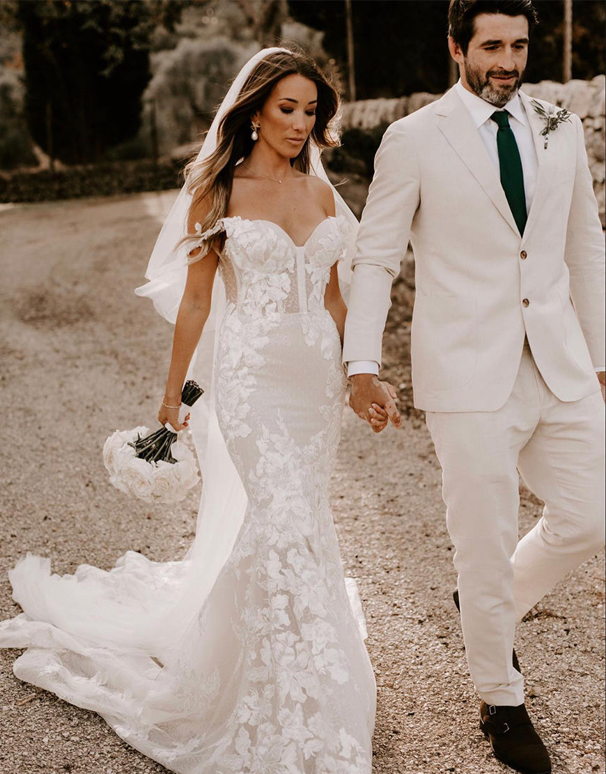 Luolandi Mermaid Wedding Dress with 3D Appliques Off Shoulder Beautiful Sexy