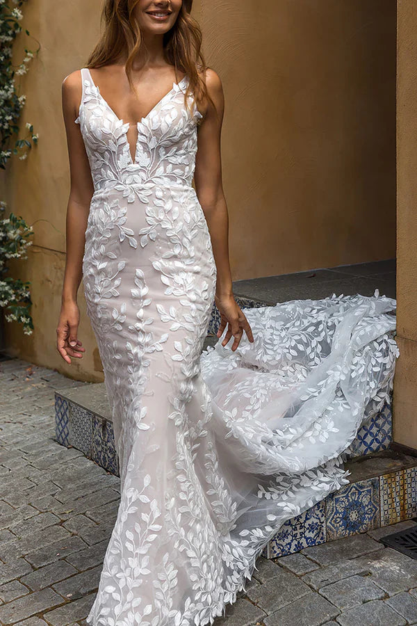 Luolandi Sexy V-neck Full body Romantic Lace Fishtail Wedding Dress Bridal Dress Beautiful