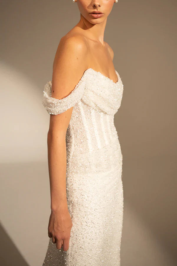 Luolandi Unique off the shoulder pleated fishtail wedding dress paired with a court trailing bridal gown Sexy