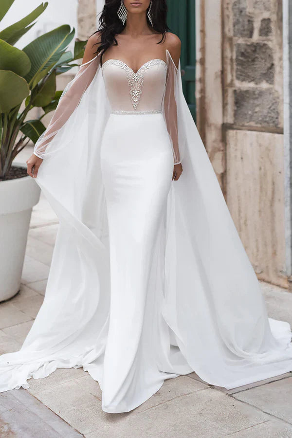 Luolandi Fish tail wedding dress sweet pearl bohemian style wedding dress with detachable shawl strap Beautiful