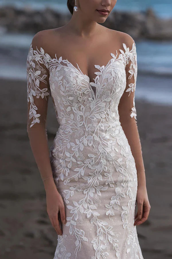 Luolandi Unique illusion neckline lace wedding dress fishtail tailing wedding dress Beautiful