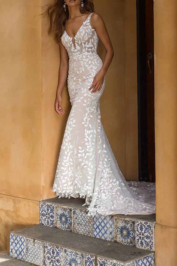 Luolandi Sexy V-neck Full body Romantic Lace Fishtail Wedding Dress Bridal Dress Beautiful