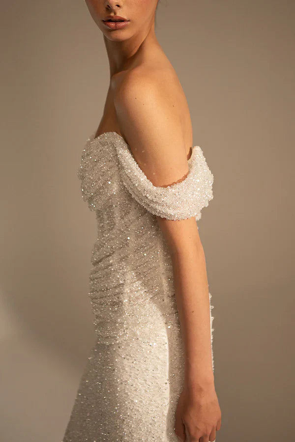 Luolandi Unique off the shoulder pleated fishtail wedding dress paired with a court trailing bridal gown Sexy