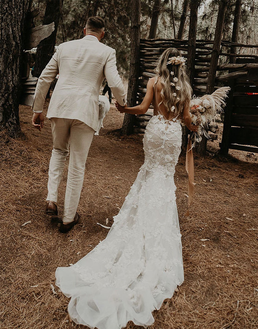 Luolandi 3D Flowers Mermaid Wedding Dresses V-neck Open Back Beautiful