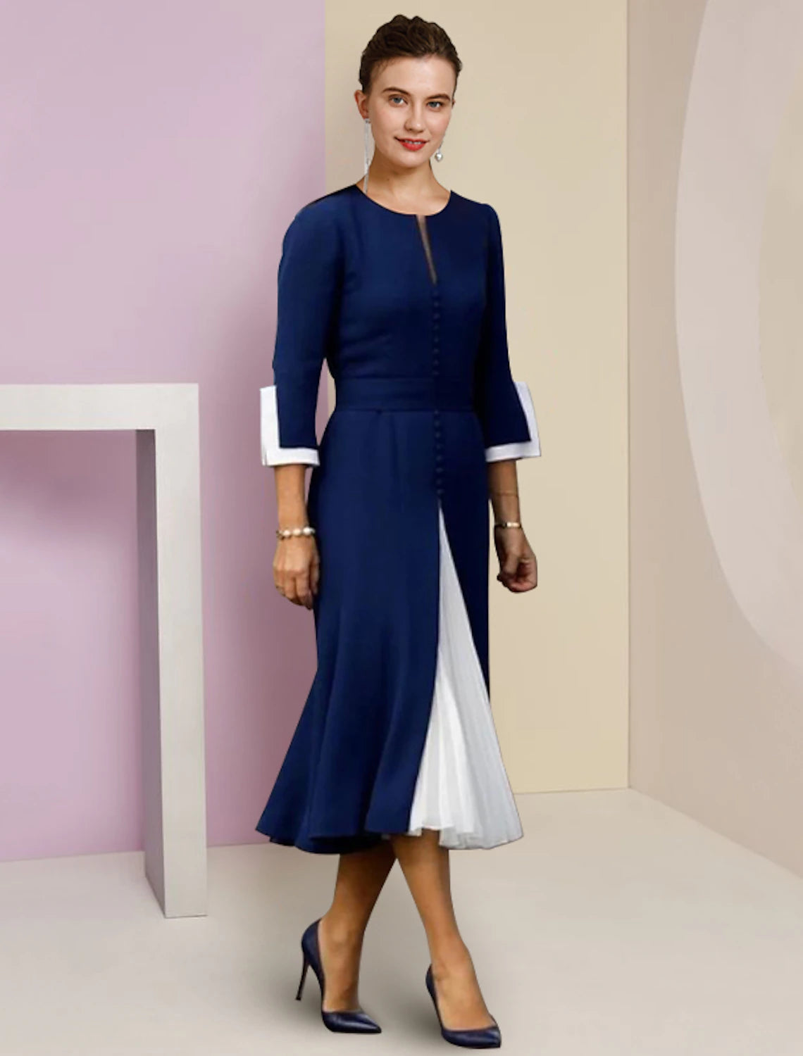 Luolandi A-Line Mother of the Bride Dress Formal Wedding Guest Elegant Scoop Neck Tea Length Chiffon 3/4 Length Sleeve with Buttons