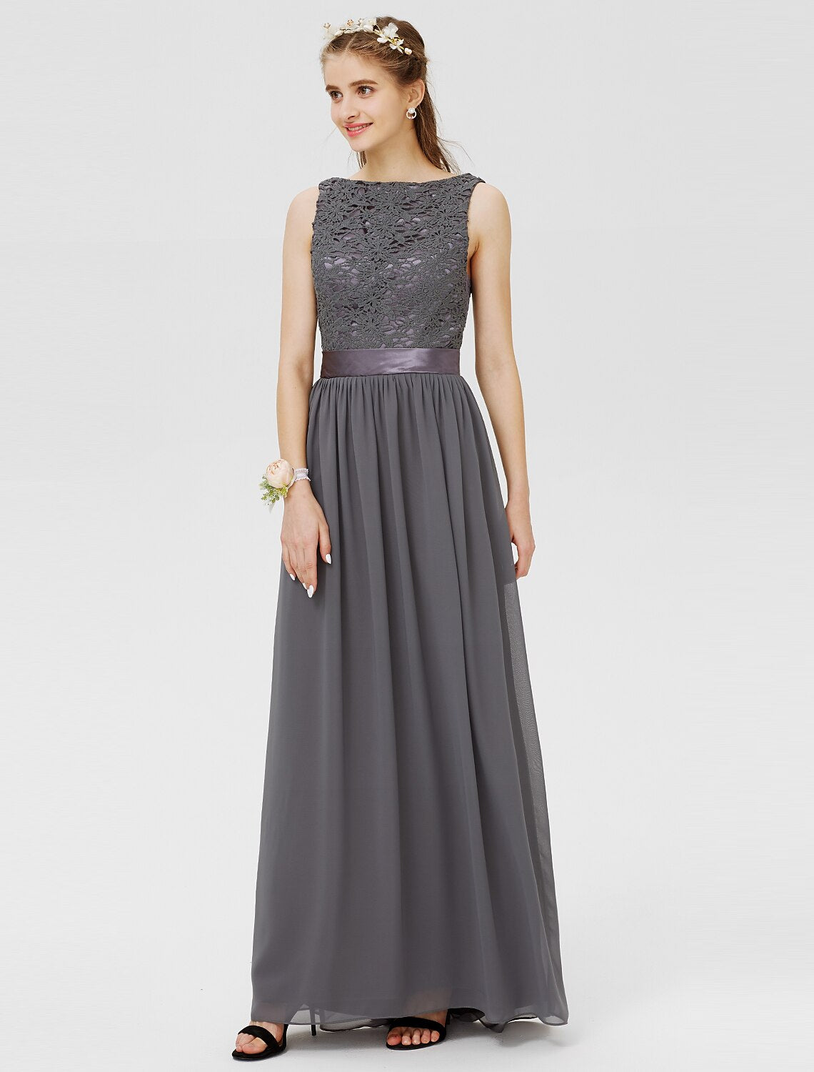 Luolandi Sheath / Column Bateau Floor Length Chiffon / Floral Lace Bridesmaid Dress with Lace / Sash / Ribbon