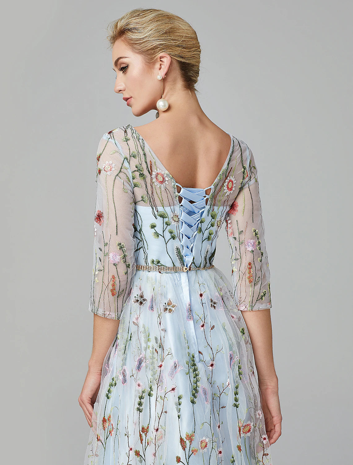 Luolandi A-Line Evening Gown Party Dress Floral Dress Holiday Wedding Guest Floor Length 3/4 Length Sleeve Illusion Neck Lace
