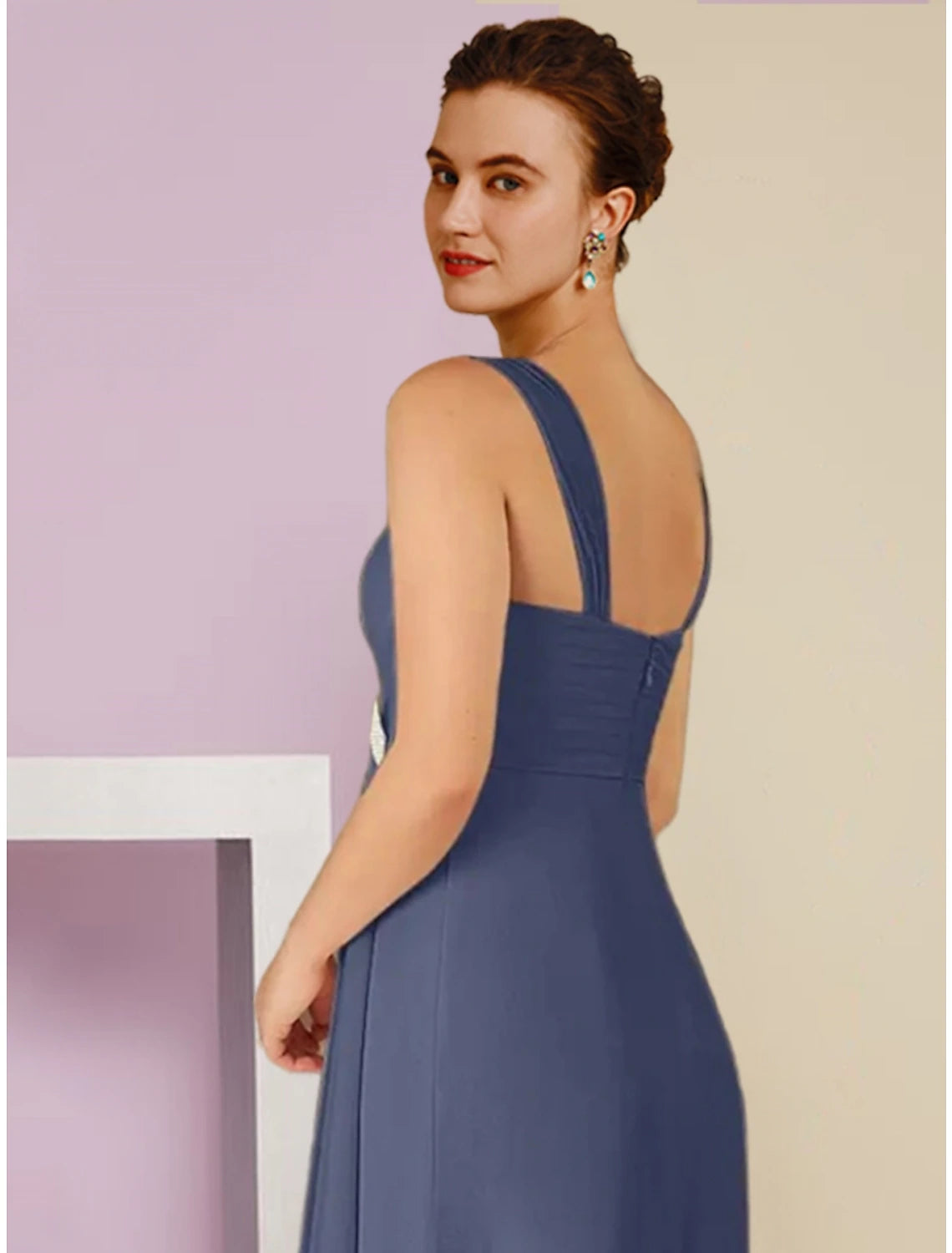 Luolandi A-Line Mother of the Bride Dress Wedding Guest Elegant Square Neck Ankle Length Chiffon Long Sleeve with Crystal Brooch