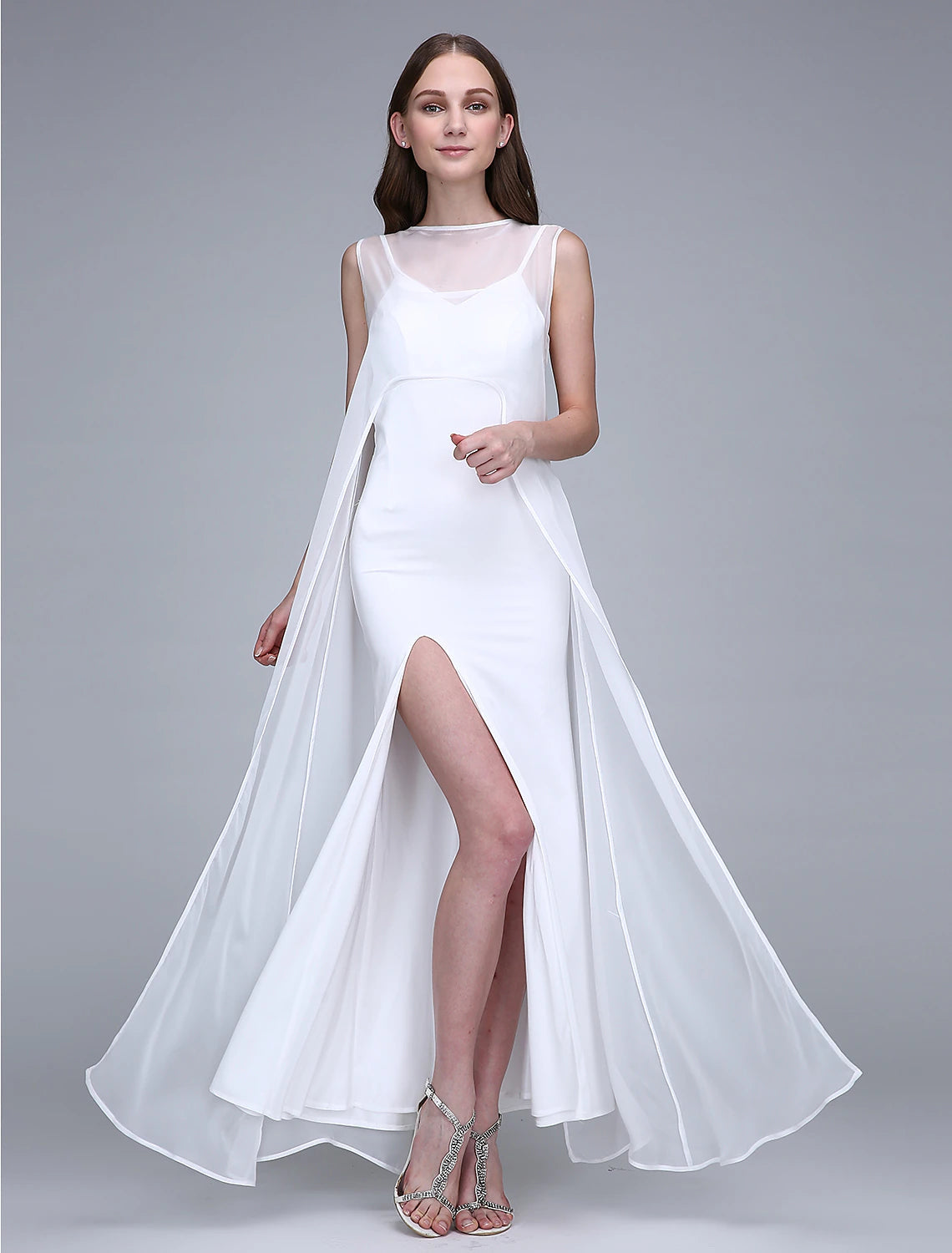 Luolandi Sheath / Column Bridesmaid Dress Bateau Neck Sleeveless Open Back Ankle Length Chiffon with Split Front