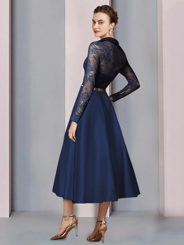 Luolandi A-Line Mother of the Bride Dress Wedding Guest Elegant Shirt Collar Tea Length Satin Lace Long Sleeve