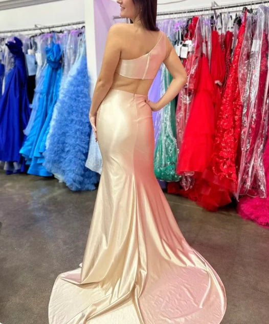 Luolandi Champagne Silk Satin One Shoulder Mermaid Long Prom Dresses Evening Dress