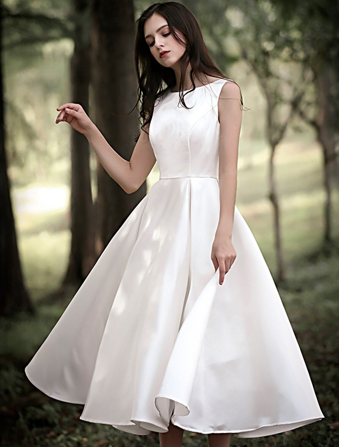 Luolandi Reception Little Dresses Wedding Dresses A-Line Scoop Neck Sleeveless Tea Length Satin Bridal Gowns