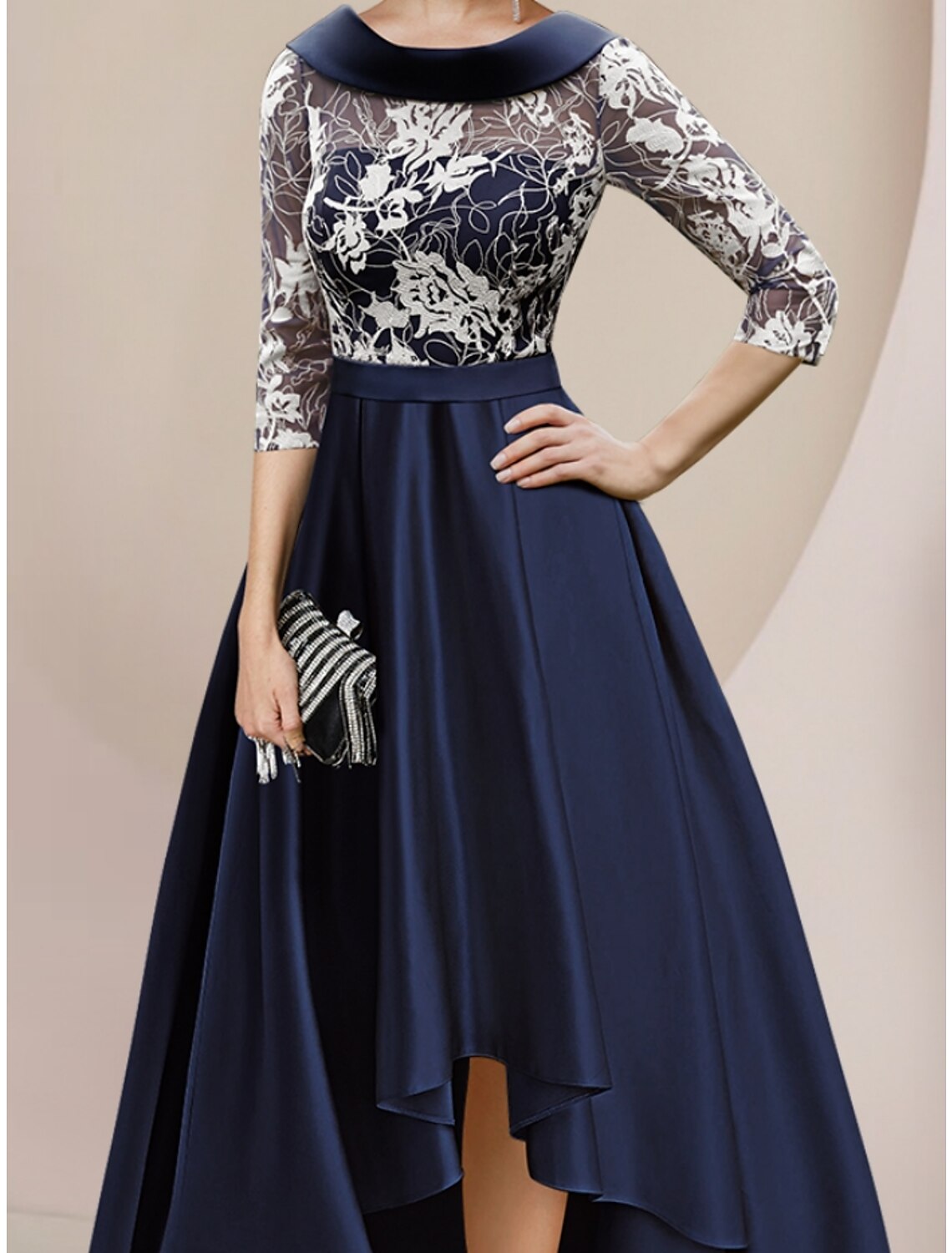 Luolandi A-Line Mother of the Bride Dress Wedding Guest Elegant Scoop Neck Asymmetrical Ankle Length Satin Lace Half Sleeve