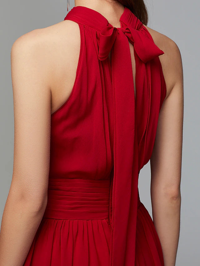 Luolandi A-Line Bridesmaid Dress High Neck Sleeveless Furcal Floor Length Chiffon with Pleats / Split