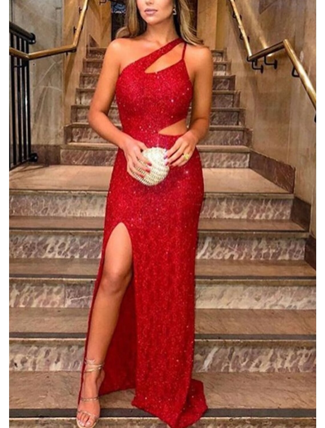 Luolandi A-Line Evening Gown Elegant Dress Formal Prom Floor Length Sleeveless One Shoulder Sequined with Glitter
