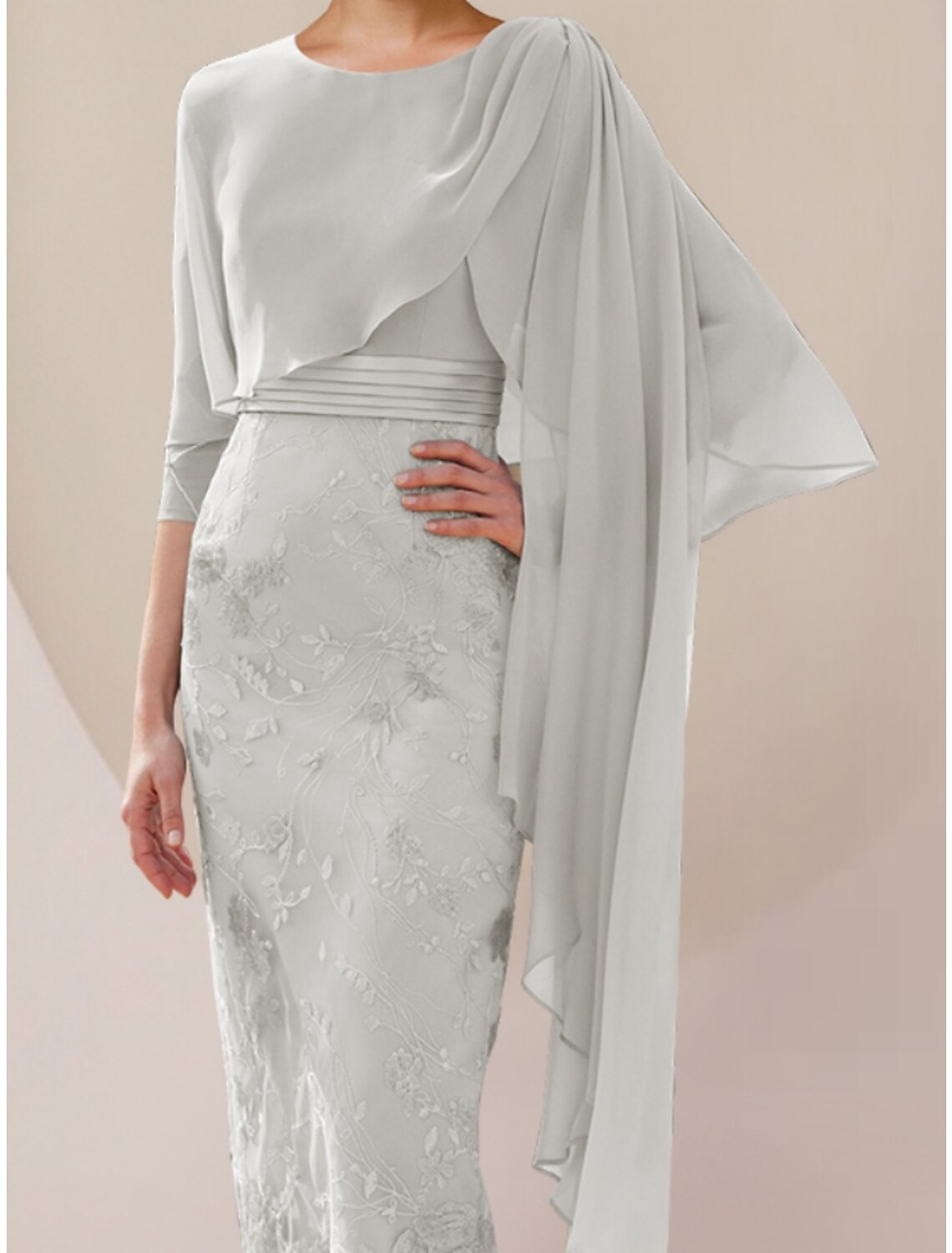 Luolandi A-Line Mother of the Bride Dress Wedding Guest Elegant Petite Jewel Neck Tea Length Chiffon Lace Half Sleeve with Ruching