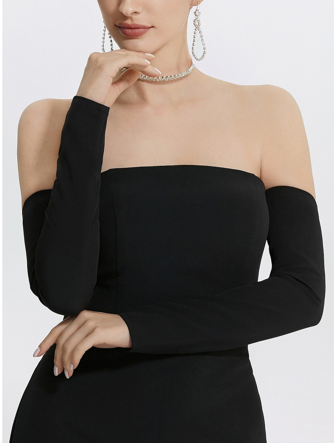 Luolandi Mermaid Evening Gown Black Dress With Gloves Formal Wedding Guest Floor Length Long Sleeve Strapless Fabric