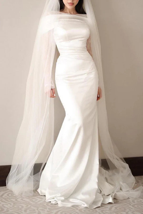 Luolandi Long lace sleeve pleated beach wedding dress Floor Length Without Headscarf