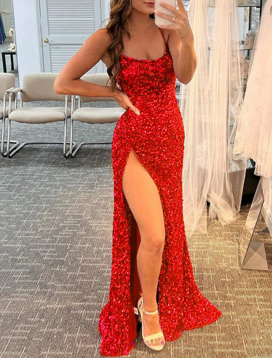 Mermaid / Trumpet Prom Dresses Sparkle & Shine Dress Wedding Guest Party Wear Floor Length Sleeveless Spaghetti Strap Sequined