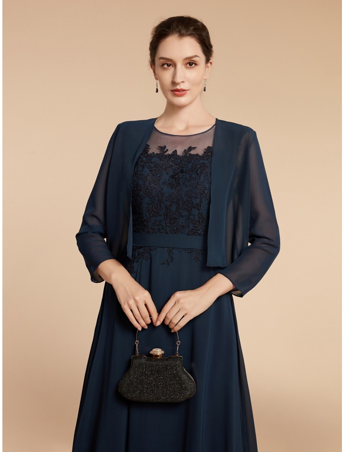 Luolandi A-Line Mother of the Bride Dress Wedding Guest Elegant Jewel Neck Ankle Length Chiffon Lace Long Sleeve with Ruching