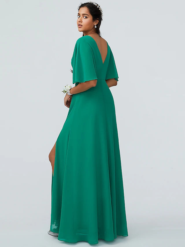 Luolandi Sheath / Column Bridesmaid Dress V Neck Short Sleeve Sparkle & Shine Floor Length Chiffon with Split