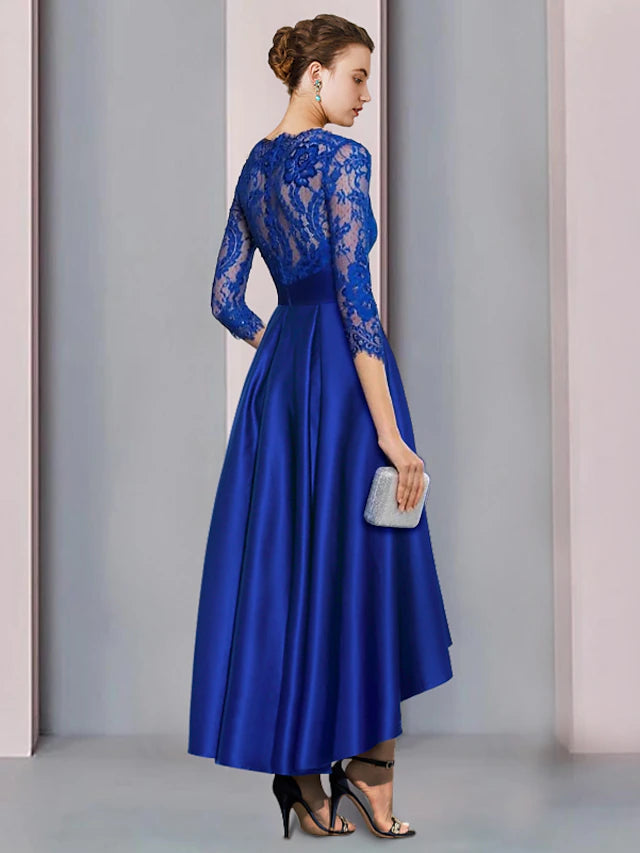 Luolandi A-Line Mother of the Bride Dress Formal Wedding Guest Elegant High Low Jewel Neck V Neck Asymmetrical Tea Length Satin Lace 3/4 Length Sleeve with Bow(s)