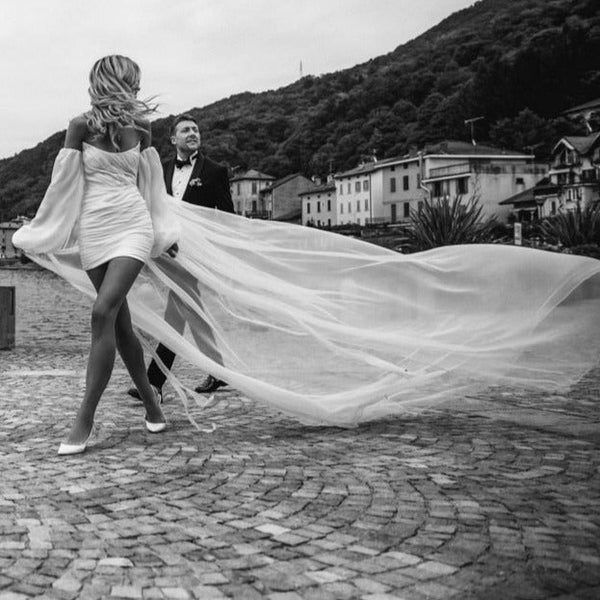 Luolandi Modern Chiffon Minimalist Wedding Dress with Detachable Long Sleeves Off Shoulder Sexy