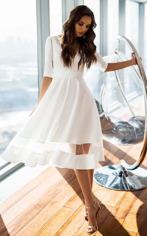 Luolandi Modern Satin V-neck A Line Tea-length Wedding Dress Half Sleeve Cocktail Dress