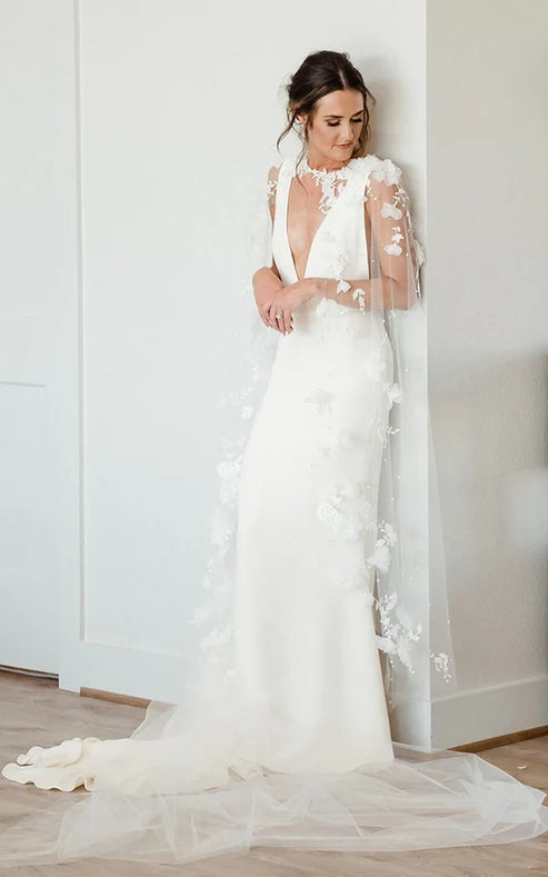 Luolandi Modern Sheath V-neck Satin Sweep Train Wedding Dress Sexy