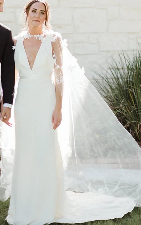 Luolandi Modern Sheath V-neck Satin Sweep Train Wedding Dress Sexy