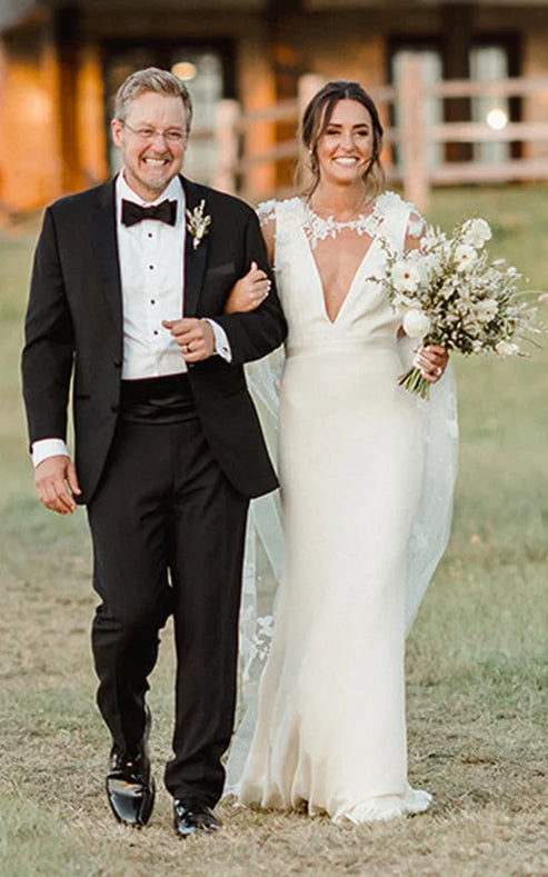 Luolandi Modern Sheath V-neck Satin Sweep Train Wedding Dress Sexy