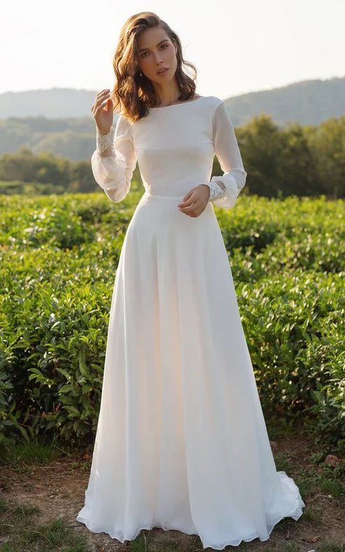 Luolandi Modest A-Line Long Sleeve Floor Length Train Simple Casual Chiffon Bateau V-Back Wedding Dress Elegant