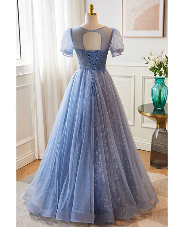 Luolandi Unique and beautiful sky blue low round neck short sleeved beaded sequin ball dress A-line/princess backless strap and ground length evening dress