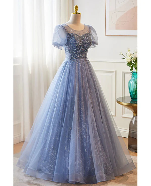 Luolandi Unique and beautiful sky blue low round neck short sleeved beaded sequin ball dress A-line/princess backless strap and ground length evening dress