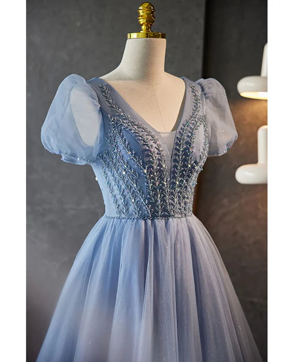 Luolandi Unique and beautiful sky blue beaded rhinestone fluffy short sleeved ball dress A-shaped princess V-neck backless strap and ground length evening dress Prom Dress