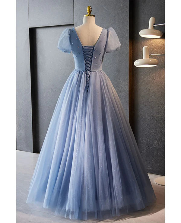Luolandi Unique and beautiful sky blue beaded rhinestone fluffy short sleeved ball dress A-shaped princess V-neck backless strap and ground length evening dress Prom Dress