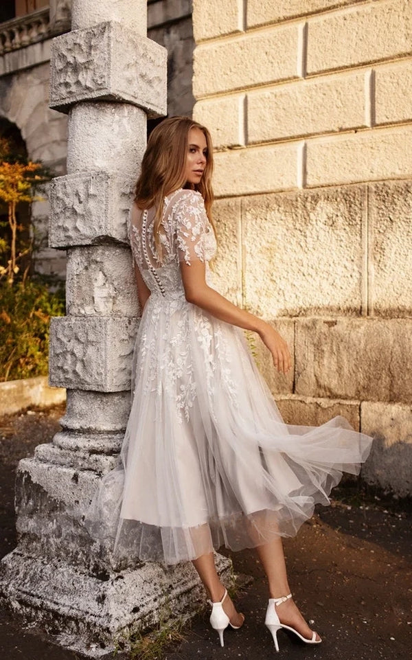 Luolandi Tea Length Sleeves Ethereal Modern A-Line V-Neck Button Back Wedding Dress Beautiful