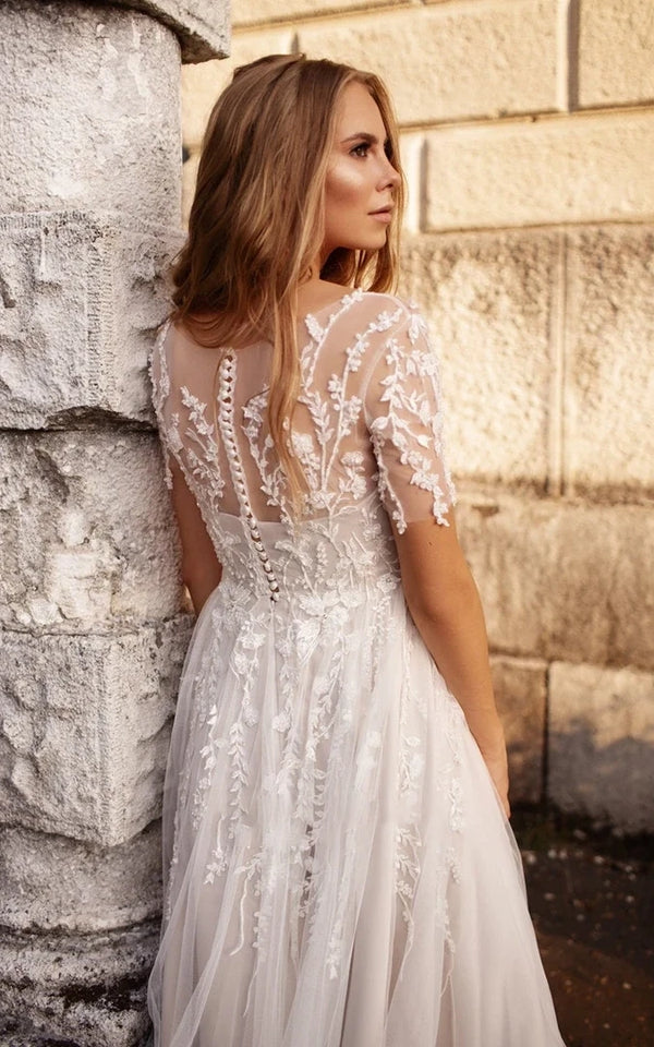 Luolandi Tea Length Sleeves Ethereal Modern A-Line V-Neck Button Back Wedding Dress Beautiful