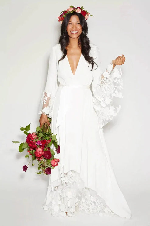 Luolandi Modest Hippie Bohemian Long Sleeve V-Neck Wedding Dress Elegant Bridal Gown